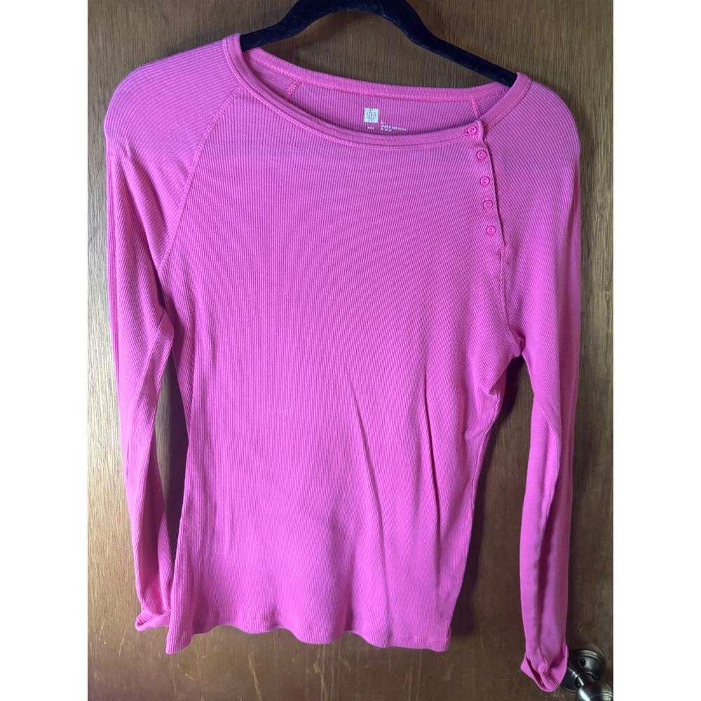 Gap Womens Pink Ribbed Long Sleeve Button Shoulder Raglan Top Large RN54023